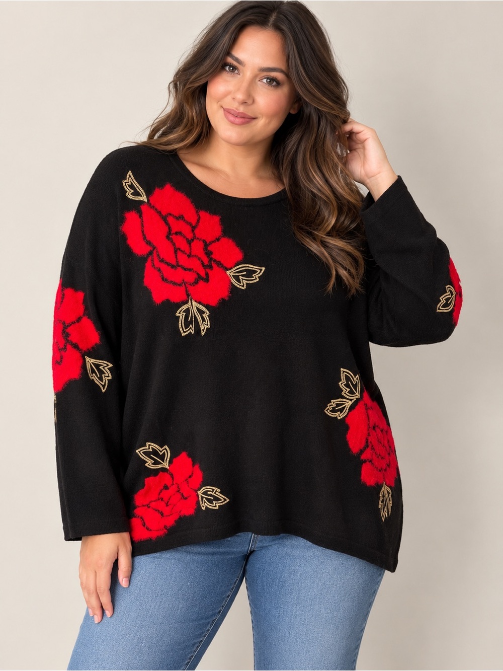 Alfred Dunner Black Sweater with Red Floral Motif NWT Women’s Plus Size 2X